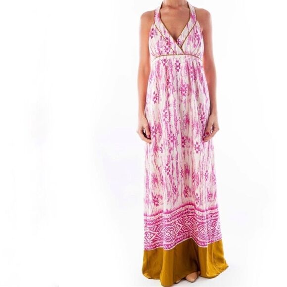 Loft Silk Ikat Tribal Print Maxi Dress Sundress Pink Cream Size 2 - Picture 2 of 15